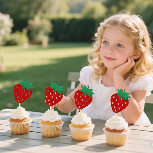12 Pieces Strawberry Cupcake Topper Glitter Paper Cupcake Decorations for Birthday Party Berry Themed Party Celebration Decoration Supplies in Saudi Arabia