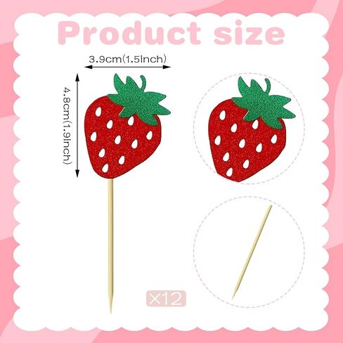 12 Pieces Strawberry Cupcake Topper Glitter Paper Cupcake Decorations for Birthday Party Berry Themed Party Celebration Decoration Supplies in Saudi Arabia