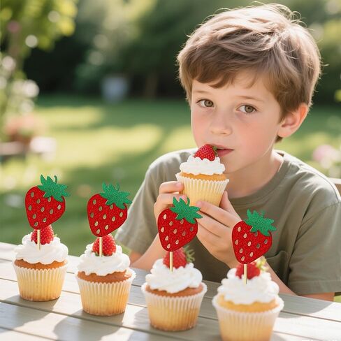 12 Pieces Strawberry Cupcake Topper Glitter Paper Cupcake Decorations for Birthday Party Berry Themed Party Celebration Decoration Supplies in Saudi Arabia