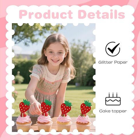 12 Pieces Strawberry Cupcake Topper Glitter Paper Cupcake Decorations for Birthday Party Berry Themed Party Celebration Decoration Supplies in Saudi Arabia