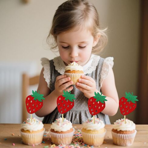 12 Pieces Strawberry Cupcake Topper Glitter Paper Cupcake Decorations for Birthday Party Berry Themed Party Celebration Decoration Supplies in Saudi Arabia