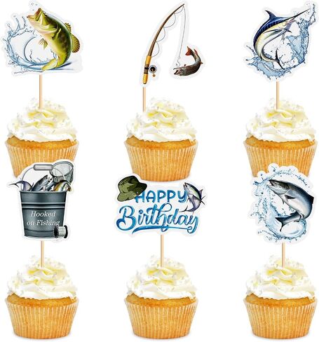 36pcs Sea Fishing Cupcake Toppers Sea Fish Pole Cupcake Picks for Baby Shower Offshore Angling Birthday Cupcake Decoration Go Fishing Party Decoration in Kuwait