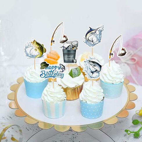 36pcs Sea Fishing Cupcake Toppers Sea Fish Pole Cupcake Picks for Baby Shower Offshore Angling Birthday Cupcake Decoration Go Fishing Party Decoration in Kuwait