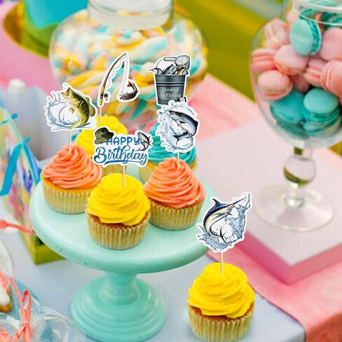 36pcs Sea Fishing Cupcake Toppers Sea Fish Pole Cupcake Picks for Baby Shower Offshore Angling Birthday Cupcake Decoration Go Fishing Party Decoration in Kuwait