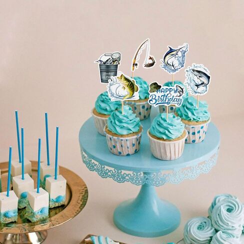 36pcs Sea Fishing Cupcake Toppers Sea Fish Pole Cupcake Picks for Baby Shower Offshore Angling Birthday Cupcake Decoration Go Fishing Party Decoration in Kuwait