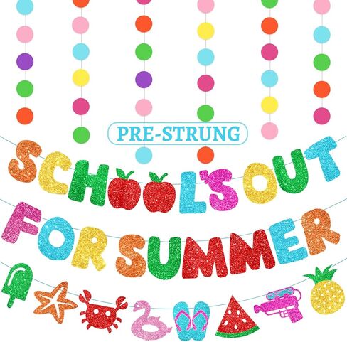 4 PCS Pre-Strung Last Day of School Banner Decorations Include NO DIY Happy Last Day Hello Summer Banner with Colorful Circle Garland for End of School Year Party Decorations, Schools Out for Summer Beach Party Decor in Kuwait