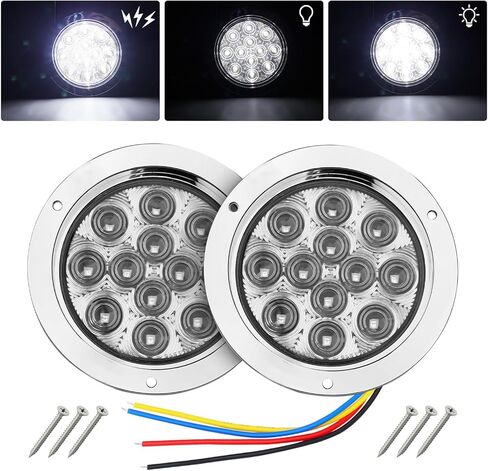 TMH 2 Pack of 4 Inch Round White LED Flashing Strobe Trailer Tail Lights, 12 LED with Chrome Housing, Strobe Solid Flash Patterns, Flush Mount 12V for Truck, Bus, RV, Tow Vehicles (2 Pcs) in Kuwait