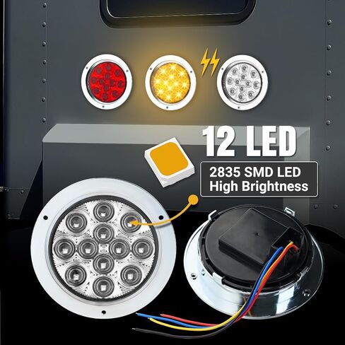 TMH 2 Pack of 4 Inch Round White LED Flashing Strobe Trailer Tail Lights, 12 LED with Chrome Housing, Strobe Solid Flash Patterns, Flush Mount 12V for Truck, Bus, RV, Tow Vehicles (2 Pcs) in Kuwait