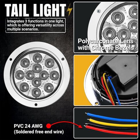 TMH 2 Pack of 4 Inch Round White LED Flashing Strobe Trailer Tail Lights, 12 LED with Chrome Housing, Strobe Solid Flash Patterns, Flush Mount 12V for Truck, Bus, RV, Tow Vehicles (2 Pcs) in Kuwait
