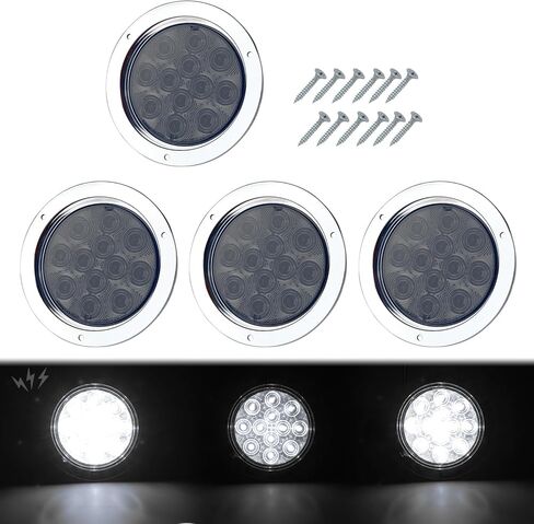 TMH 2 Pack of 4 Inch Round White LED Flashing Strobe Trailer Tail Lights, 12 LED with Chrome Housing, Strobe Solid Flash Patterns, Flush Mount 12V for Truck, Bus, RV, Tow Vehicles (2 Pcs) in Kuwait