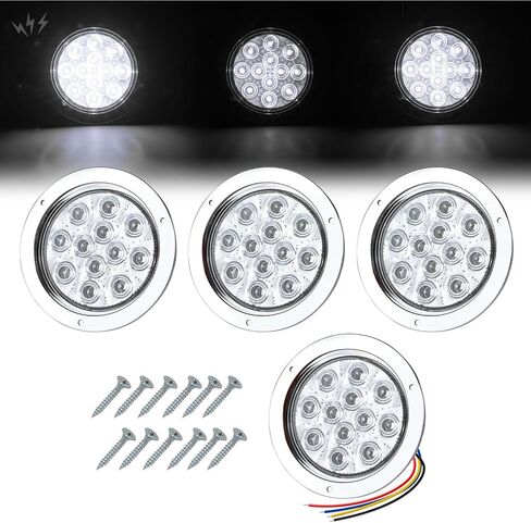 TMH 2 Pack of 4 Inch Round White LED Flashing Strobe Trailer Tail Lights, 12 LED with Chrome Housing, Strobe Solid Flash Patterns, Flush Mount 12V for Truck, Bus, RV, Tow Vehicles (2 Pcs) in Kuwait