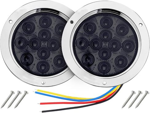 TMH 2 Pack of 4 Inch Round White LED Flashing Strobe Trailer Tail Lights, 12 LED with Chrome Housing, Strobe Solid Flash Patterns, Flush Mount 12V for Truck, Bus, RV, Tow Vehicles (2 Pcs) in Kuwait