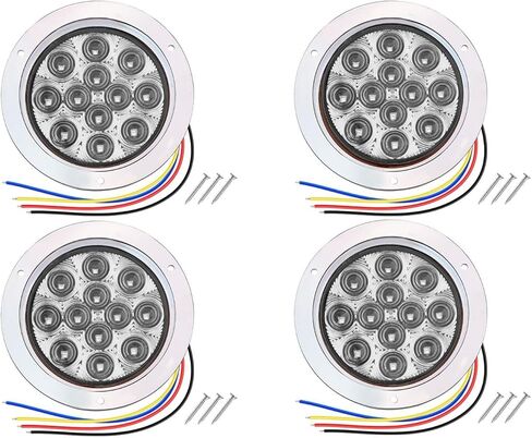 TMH 2 Pack of 4 Inch Round White LED Flashing Strobe Trailer Tail Lights, 12 LED with Chrome Housing, Strobe Solid Flash Patterns, Flush Mount 12V for Truck, Bus, RV, Tow Vehicles (2 Pcs) in Kuwait