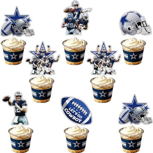 24Pcs Cowboys Birthday CupCake Topper Blue Glitter Cowboys Birthday Party Decorations for Boy Birthday Party Supplies in Saudi Arabia