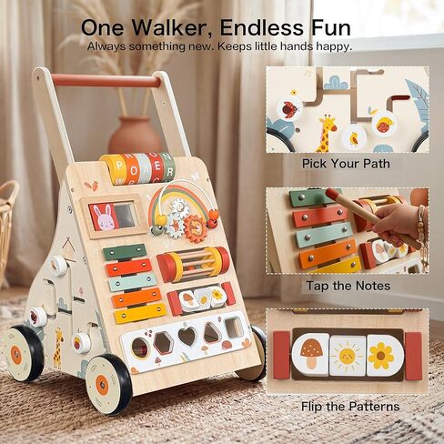 Wooden Baby Walker with Wheels, Baby Push Walker Activity Center for Babies 18 Months+, Montessori Walking Toy for Learning to Walk, Toddler 1st Birthday Gift in Saudi Arabia