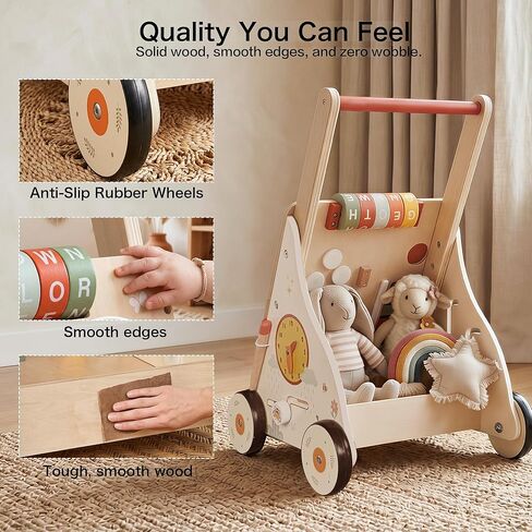 Wooden Baby Walker with Wheels, Baby Push Walker Activity Center for Babies 18 Months+, Montessori Walking Toy for Learning to Walk, Toddler 1st Birthday Gift in Saudi Arabia