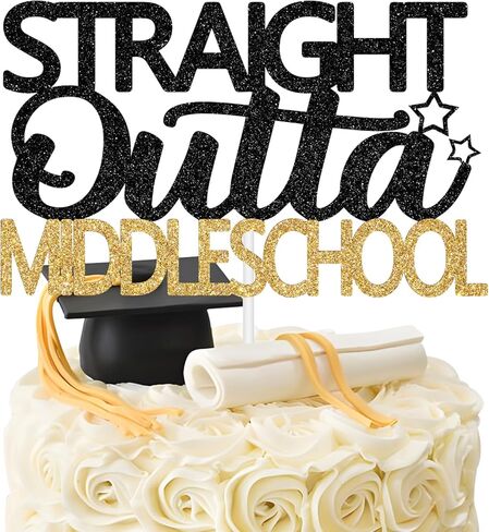 غلاف كعكة المدرسة المتوسطة اللامع من Outta Middle School، فئة 2026 ديكورات التخرج من المدرسة المتوسطة، ديكورات التخرج من الصف الثامن، تهنئة التخرج للأولاد والبنات (ذهبي وأسود) in Kuwait