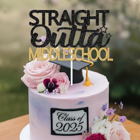 غلاف كعكة المدرسة المتوسطة اللامع من Outta Middle School، فئة 2026 ديكورات التخرج من المدرسة المتوسطة، ديكورات التخرج من الصف الثامن، تهنئة التخرج للأولاد والبنات (ذهبي وأسود) in Kuwait