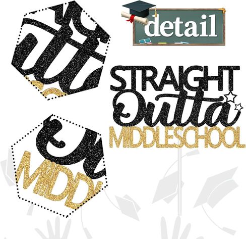 غلاف كعكة المدرسة المتوسطة اللامع من Outta Middle School، فئة 2026 ديكورات التخرج من المدرسة المتوسطة، ديكورات التخرج من الصف الثامن، تهنئة التخرج للأولاد والبنات (ذهبي وأسود) in Kuwait