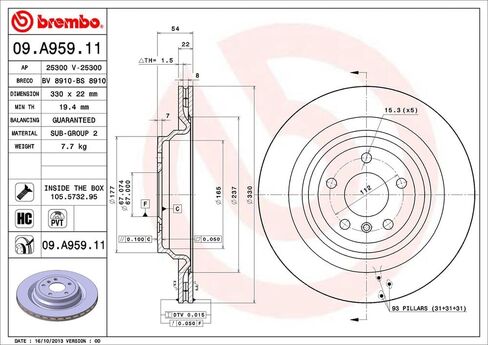 Brembo 09.A959.11 UV Coated Pillar Vented Rear Brake Rotor BRABUS/MERCEDES-BENZ OE# A1664230112 in Kuwait