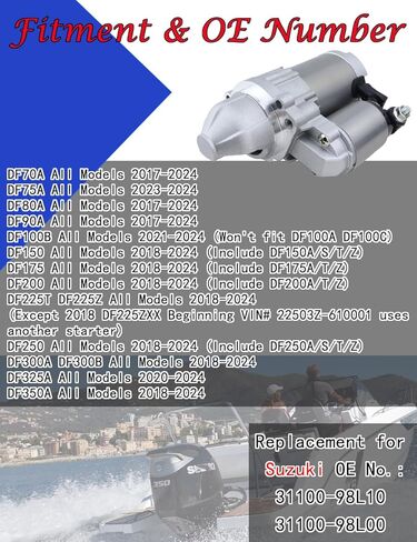 Starter Motor for Suzuki Outboard 4-Stroke 2017-2024 DF70 75 80 90 100 150 175 200 225 250 300 325 350 HP L4 V6 Engine, 31100-98L10 31100-98L00 M000TD5872, 1.4KW DF150AP Starter for Suzuki 4T in Kuwait