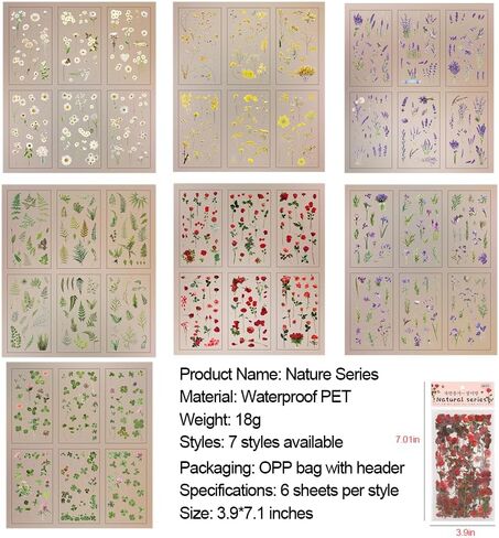 42 Pcs Natural Flower Stickers with Plants for Scrapbooking, Self-Adhesive Scrapbook & Journaling Supplies, Waterproof Flower Stickers for Junk Journal, Water Bottle and Card Making Decoration in Kuwait