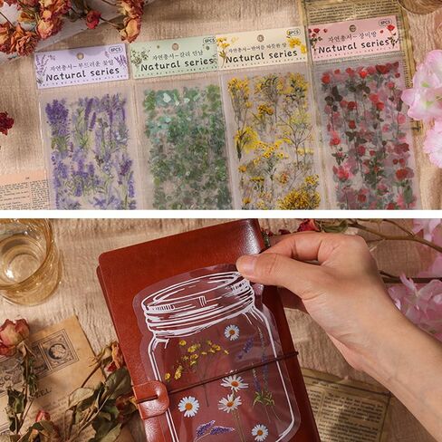 42 Pcs Natural Flower Stickers with Plants for Scrapbooking, Self-Adhesive Scrapbook & Journaling Supplies, Waterproof Flower Stickers for Junk Journal, Water Bottle and Card Making Decoration in Kuwait