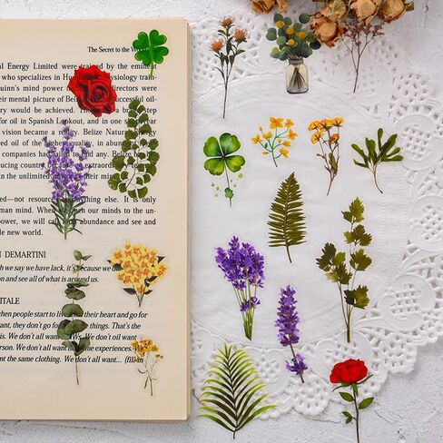 42 Pcs Natural Flower Stickers with Plants for Scrapbooking, Self-Adhesive Scrapbook & Journaling Supplies, Waterproof Flower Stickers for Junk Journal, Water Bottle and Card Making Decoration in Kuwait