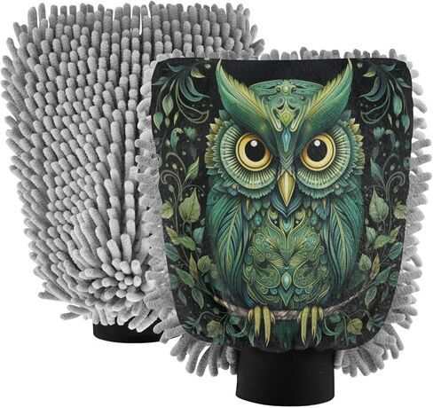 ALAZA Green Owl Print Boho Car Wash Mitt Scratch Free, 2 Pack Absorbent Microfiber/Chenille Washing & Drying Mitts, L in Saudi Arabia