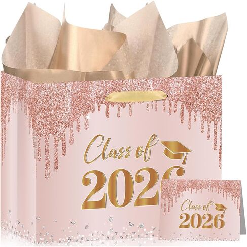 MOORIIY Rose Gold Graduation Gift Bag with Tissue Paper and Card, Congrats Grad Wrapping Paper Graduation Class of 2026 Gift Bag Pink Congrats Grad Party Decorations Supplies for High School College in Saudi Arabia