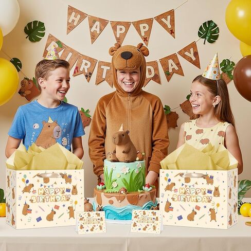 tagrespike capybara هدية حقيبة لطيف كابيبارا كيس ورق التغليف مع المناديل الورقية وبطاقة المعايدة الأصفر الحيوان حفلة عيد ميلاد زينة للأطفال الفتيات الفتيان عيد ميلاد الحزب اللوازم in Kuwait