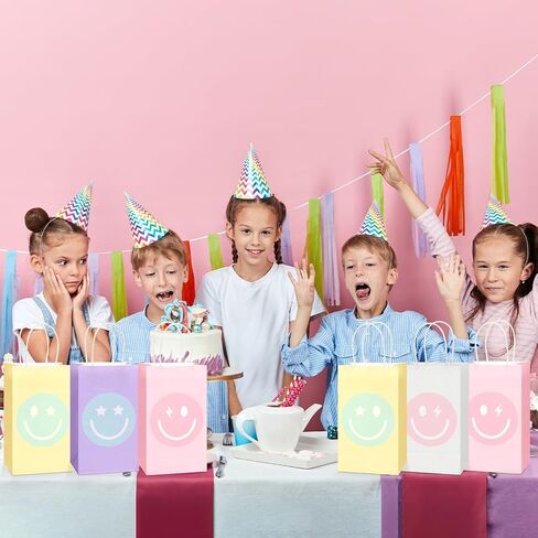 ZOIIWA 32PCS Smile Face Goodie Gift Bags Pastel Preppy Party Favor Smile Face Themed Birthday Candy Bags Preppy Rainbow Favor Kraft Paper Boxes Party Decorations for Girls Bachelorette Birthday in Kuwait