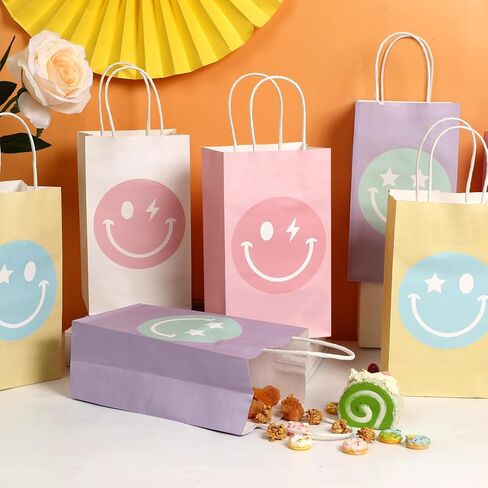 ZOIIWA 32PCS Smile Face Goodie Gift Bags Pastel Preppy Party Favor Smile Face Themed Birthday Candy Bags Preppy Rainbow Favor Kraft Paper Boxes Party Decorations for Girls Bachelorette Birthday in Kuwait