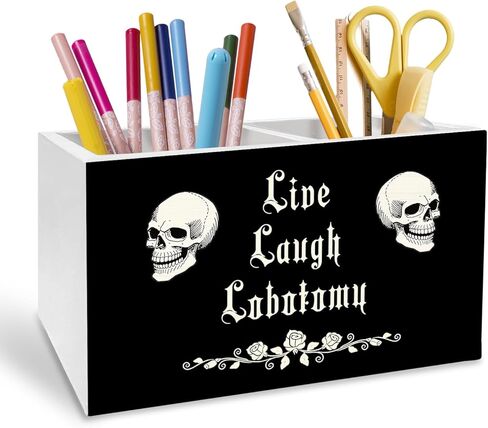 Dark Academia Gothic Skeleton Pen Holder for Desk, Funny Goth Skull Pencil Organizer, Live Laugh Lobotomy Dark Humor Wooden Box Sign Desk Decor for Home Office Decoration in Saudi Arabia