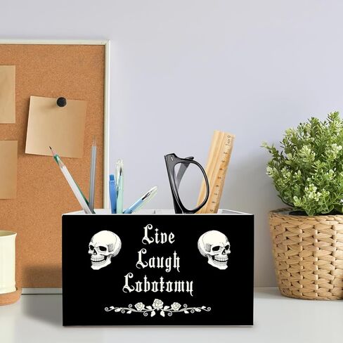 Dark Academia Gothic Skeleton Pen Holder for Desk, Funny Goth Skull Pencil Organizer, Live Laugh Lobotomy Dark Humor Wooden Box Sign Desk Decor for Home Office Decoration in Saudi Arabia