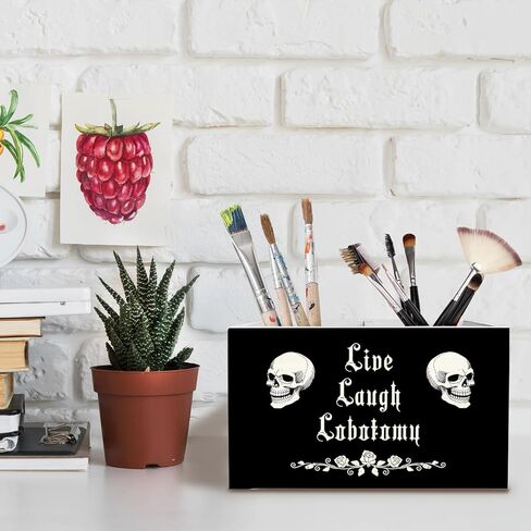 Dark Academia Gothic Skeleton Pen Holder for Desk, Funny Goth Skull Pencil Organizer, Live Laugh Lobotomy Dark Humor Wooden Box Sign Desk Decor for Home Office Decoration in Saudi Arabia