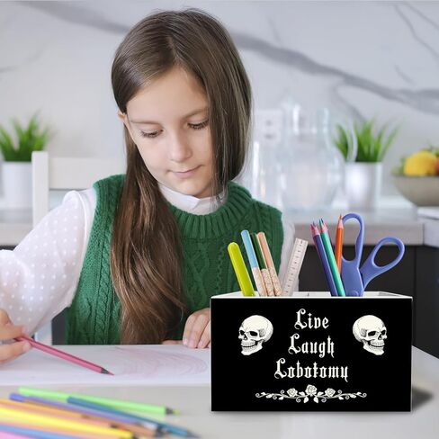 Dark Academia Gothic Skeleton Pen Holder for Desk, Funny Goth Skull Pencil Organizer, Live Laugh Lobotomy Dark Humor Wooden Box Sign Desk Decor for Home Office Decoration in Saudi Arabia