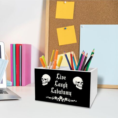 Dark Academia Gothic Skeleton Pen Holder for Desk, Funny Goth Skull Pencil Organizer, Live Laugh Lobotomy Dark Humor Wooden Box Sign Desk Decor for Home Office Decoration in Saudi Arabia