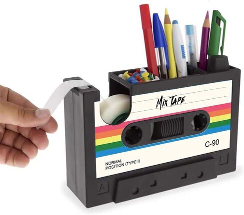 Retro Cassette Heat Tape Dispenser with Pen Holder for Desk Vintage 80s Office Mate Recycled 2-in-1 Office Stationery Storage Tape Dispenser Cute (Red Tape) in Saudi Arabia