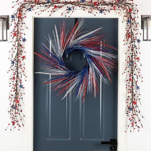 Glitzhome Patriotic American Wreath for Front Door Decor Red White and Blue Wreath Summer Memorial Day Wreath Decorations 4th of July Wreaths for Wall Window Decor Farmhouse Independence Day Wreath in Saudi Arabia