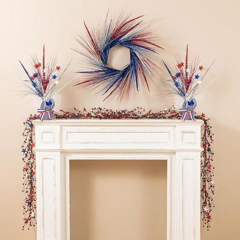 Glitzhome Patriotic American Wreath for Front Door Decor Red White and Blue Wreath Summer Memorial Day Wreath Decorations 4th of July Wreaths for Wall Window Decor Farmhouse Independence Day Wreath in Saudi Arabia