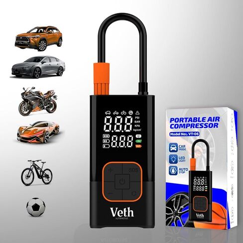 ضاغط هواء محمول منفاخ الإطارات Veth VT-06، مضخة هواء صغيرة لاسلكية 150 رطل لكل بوصة مربعة مع مقياس رقمي وإضاءة LED، نفخ سريع للسيارات والدراجات النارية والدراجات والكرات وقابلة لإعادة الشحن in Kuwait