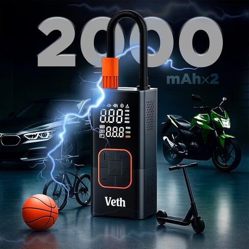ضاغط هواء محمول منفاخ الإطارات Veth VT-06، مضخة هواء صغيرة لاسلكية 150 رطل لكل بوصة مربعة مع مقياس رقمي وإضاءة LED، نفخ سريع للسيارات والدراجات النارية والدراجات والكرات وقابلة لإعادة الشحن in Kuwait
