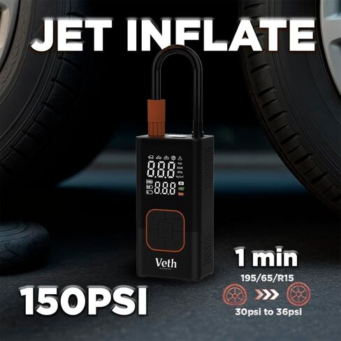 ضاغط هواء محمول منفاخ الإطارات Veth VT-06، مضخة هواء صغيرة لاسلكية 150 رطل لكل بوصة مربعة مع مقياس رقمي وإضاءة LED، نفخ سريع للسيارات والدراجات النارية والدراجات والكرات وقابلة لإعادة الشحن in Kuwait