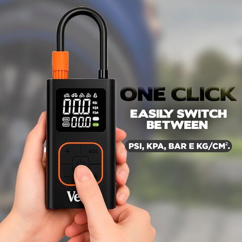 ضاغط هواء محمول منفاخ الإطارات Veth VT-06، مضخة هواء صغيرة لاسلكية 150 رطل لكل بوصة مربعة مع مقياس رقمي وإضاءة LED، نفخ سريع للسيارات والدراجات النارية والدراجات والكرات وقابلة لإعادة الشحن in Kuwait