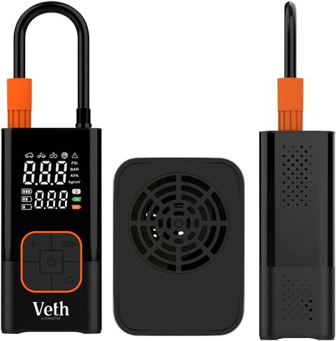 ضاغط هواء محمول منفاخ الإطارات Veth VT-06، مضخة هواء صغيرة لاسلكية 150 رطل لكل بوصة مربعة مع مقياس رقمي وإضاءة LED، نفخ سريع للسيارات والدراجات النارية والدراجات والكرات وقابلة لإعادة الشحن in Kuwait