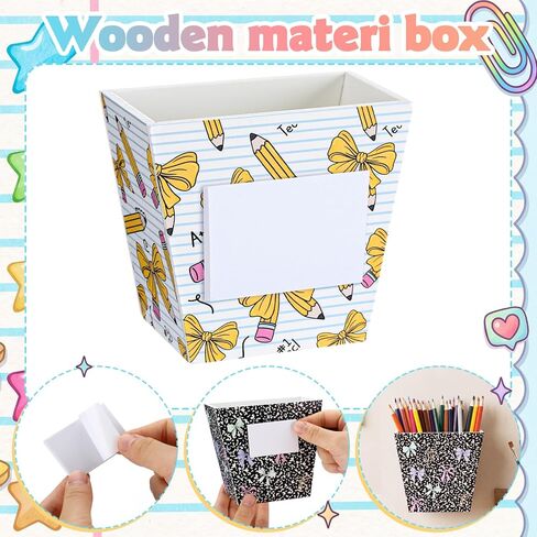 Leinuosen 4 Pack Back to School Pencil Holder Composition Notebook Classroom Decor Pencil Dispenser with Bow Star Wooden Wall Mount Pen Organizers with Foam Adhesive for Teacher First Day of School in Kuwait
