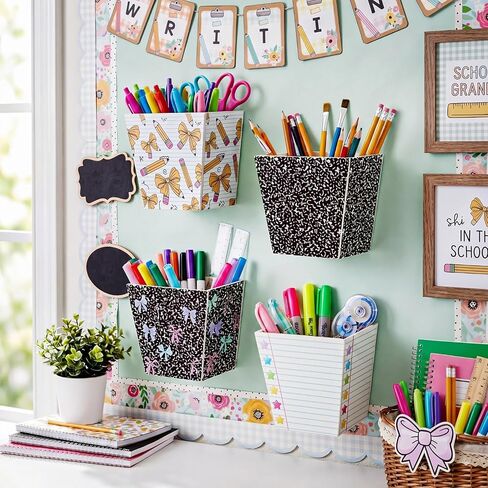Leinuosen 4 Pack Back to School Pencil Holder Composition Notebook Classroom Decor Pencil Dispenser with Bow Star Wooden Wall Mount Pen Organizers with Foam Adhesive for Teacher First Day of School in Kuwait