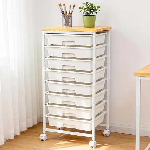 Rolling Storage Cart with 8 Drawers, Utility Cart with Wooden Tabletop and Lockable Wheels, Movable Craft Cart, Craft Storage Organizer for Living Room, Bedroom, Classroom, Office, White in Saudi Arabia