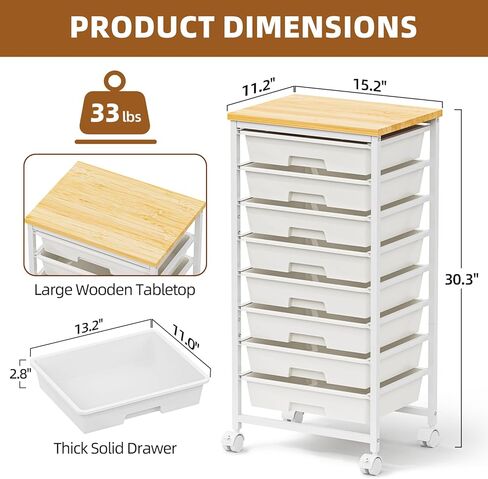 Rolling Storage Cart with 8 Drawers, Utility Cart with Wooden Tabletop and Lockable Wheels, Movable Craft Cart, Craft Storage Organizer for Living Room, Bedroom, Classroom, Office, White in Saudi Arabia